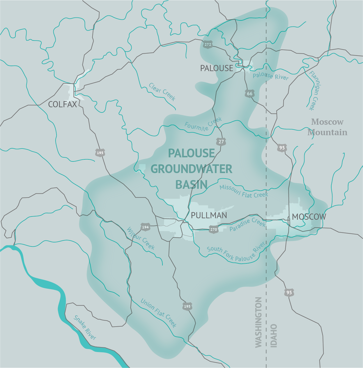 Map of Palouse Groundwater Basin Boundary - gray background with black and teal lines representing roadways and waterways, with a dark teal border representing the basin boundary.