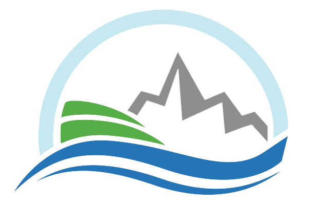 Idaho Department of Water Resources logo, includes a blue circle with a jagged mountain outline in gray, green hills, and a blue wavy line representing water at the bottom.