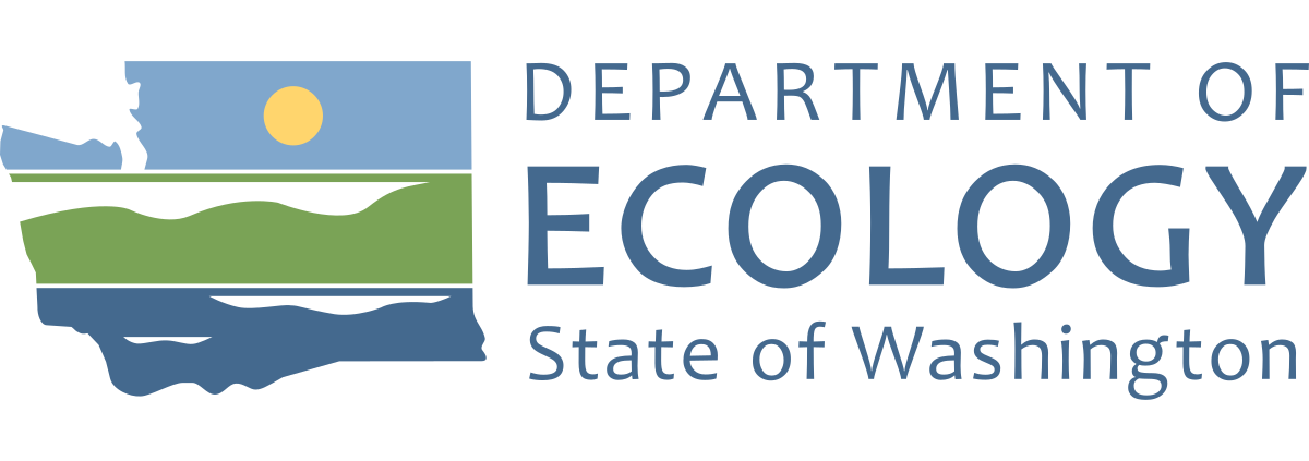 Washington State Department of Ecology logo, which includes an outline of the state of Washington with a blue sky, yellow sun, green hills, and blue water, and the words of the agency.