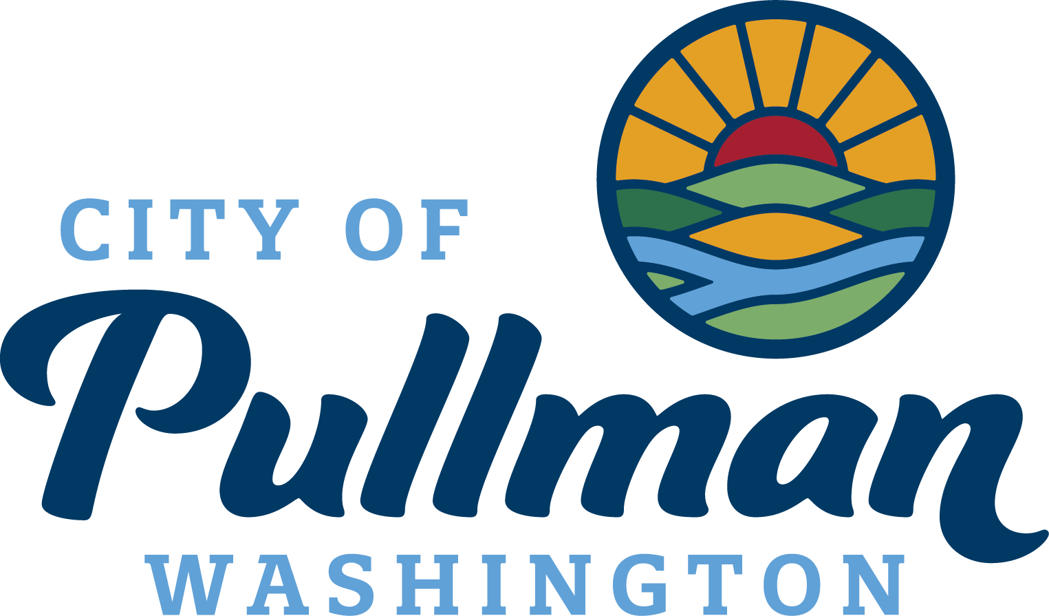 city of pullman logo - blue fonts with a circle logo of streams, hills and sunrays.