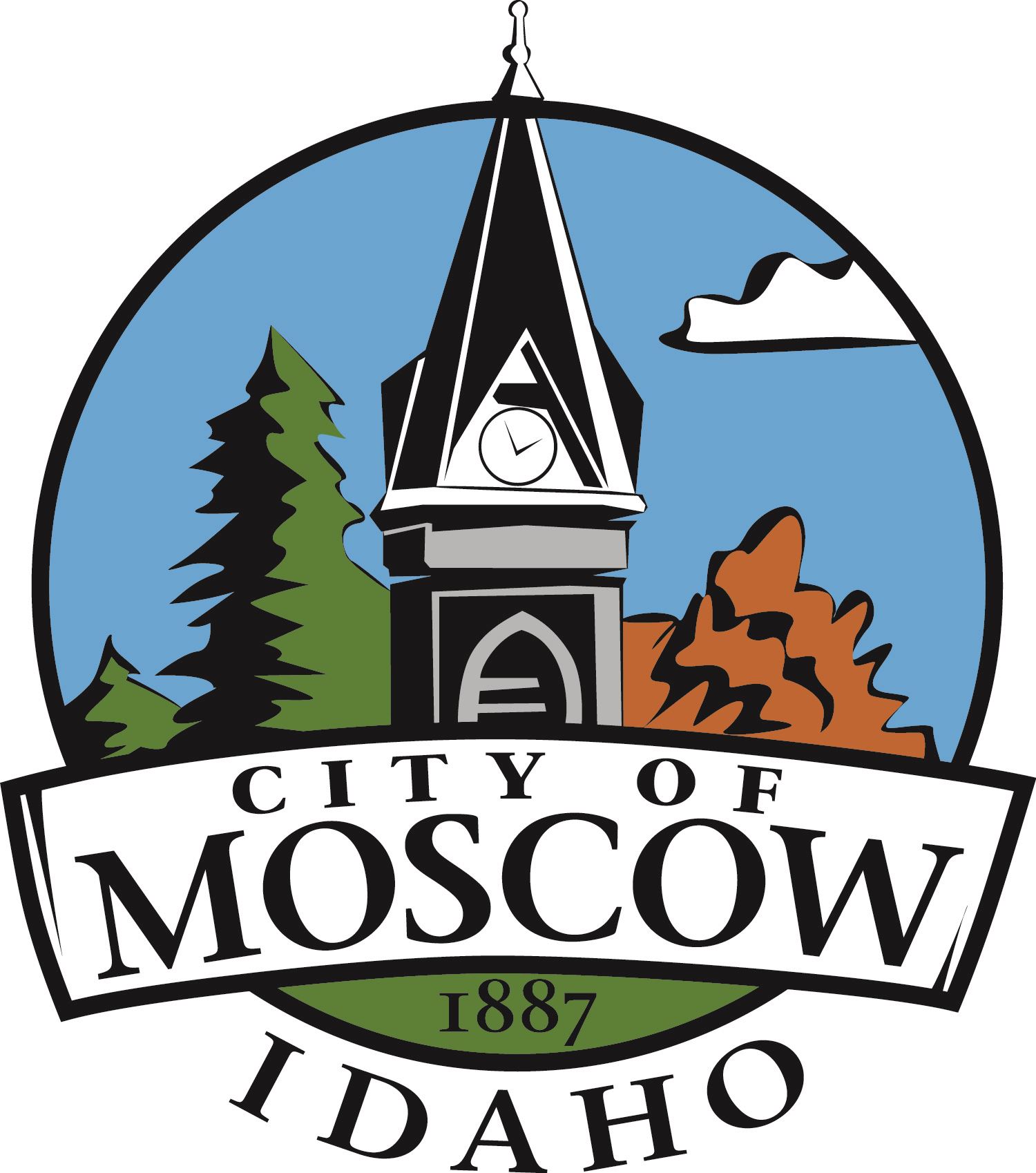 city of moscow logo - circle with blue sky, green pine trees, burnt orange tree, and a bell tower steeple, with a white ribbon with the words city of moscow, 1887, idaho